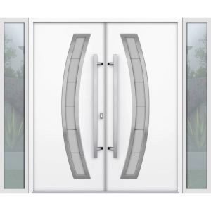 Front Exterior Prehung Aluminum Double Doors / Deux 1713 Natural Oak Frosted Glass / 2 Sidelights / Entry Modern Painted 96x96 (W12+72+12" x H96") Left hand Outswing