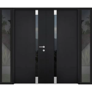 Front Exterior Prehung Steel Double Doors / Cynex 6777 Black / 2 Sidelight Exterior Windows / Stainless Inserts Single Modern Painted-W16+72+16" x H80"-Left-hand Outswing