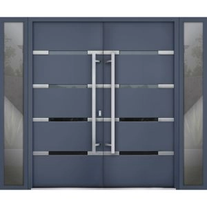 Front Exterior Prehung Steel Double Doors / Deux 1105 Gray Graphite / 2 Sidelight Exterior Windows / Stainless Inserts Single Modern Painted-W16+72+16" x H80"