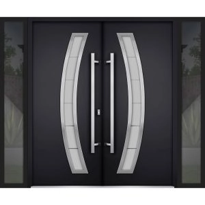 Front Exterior Prehung Steel Double Doors / Deux 6500 Black / 2 Sidelight Exterior Windows / Stainless Inserts Single Modern Painted-W16+72+16" x H80"