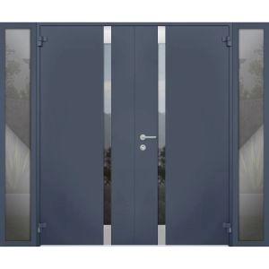 Front Exterior Prehung Steel Double Doors / Cynex 6777 Grey / 2 Sidelight Exterior Windows / Stainless Inserts Single Modern Painted-W16+72+16" x H80"-Left-hand Outswing