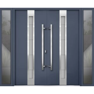 Front Exterior Prehung Steel Double Doors / Deux 1717 Gray Graphite / 2 Sidelight Exterior Windows / Stainless Inserts Single Modern Painted-W16+72+16" x H80"