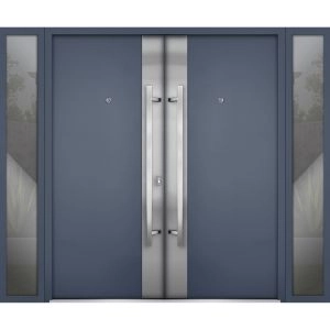 Front Exterior Prehung Steel Double Doors / Deux 0729 Gray Graphite / 2 Sidelight Exterior Windows / Stainless Inserts Single Modern Painted-W16+72+16" x H80"