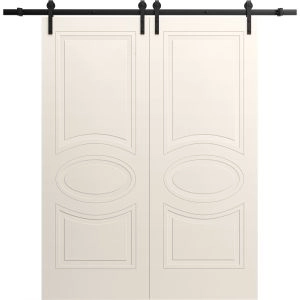 Modern Double Barn Door 36" x 80" inches / Mela 7001 Painted Creamy / 13FT Rail Track Set / Solid Panel Interior Doors