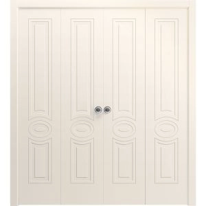 Sliding Closet Double Bi-fold Doors 72 x 80 inches | Mela 7001 Painted Creamy | Sturdy Tracks Moldings Trims Hardware Set | Wood Solid Bedroom Wardrobe Doors