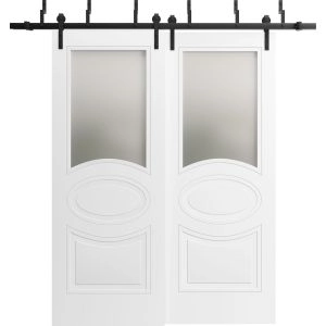 Sliding Closet Opaque Glass Barn Bypass Doors 36 x 80 inches / Mela 7012 Matte White / Modern 6.6ft Rails Hardware Set / Wood Solid Bedroom Wardrobe Doors 