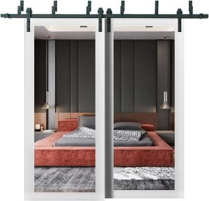 Sliding Closet Barn Bypass Doors with Hardware | Lucia 1299 White Silk with Mirror | Sturdy 6.6ft Rails Hardware Set | Modern Wood Solid Bedroom Wardrobe Doors 