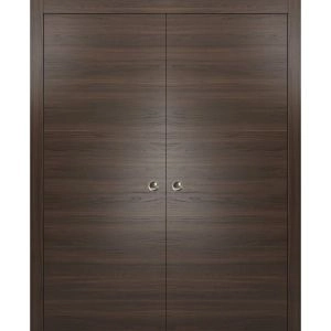 Planum 0010 Modern Interior Closet Sliding Flush Double Pocket Chocolate Ash with Frames Tracks Hardware Set