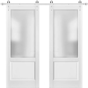 Sturdy Double Barn Door with | Lucia 22 White Silk with Frosted Glass | Silver 13FT Rail Hangers Heavy Set | Solid Panel Interior Doors