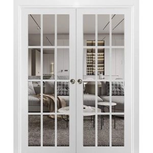 Sliding French Double Pocket Doors 12 lites | Felicia 3355 White Matte with Clear Glass | Kit Trims Rail Hardware | Solid Wood Interior Bedroom Sturdy Doors -72" x 80" (2* 36x80)