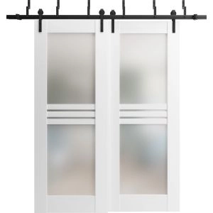 Sliding Closet Opaque Glass 4 Lites Barn Bypass Doors 36 x 80 inches / Mela 7222 White Silk / Modern 6.6ft Rails Hardware Set / Wood Solid Bedroom Wardrobe Doors 