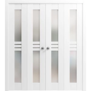 Sliding Closet Double Bi-fold Doors | Mela 7222 White Silk with Frosted Glass | Sturdy Tracks Moldings Trims Hardware Set | Wood Solid Bedroom Wardrobe Doors 