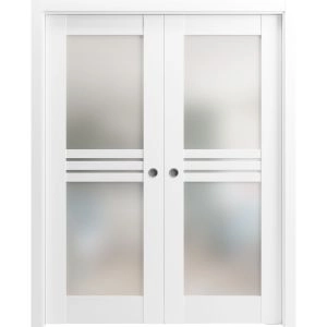 Sliding French Double Pocket Doors 72 x 80 inches Opaque Glass 4 Lites / Mela 7222 White Silk / Kit Rail Hardware / MDF Interior Bedroom Modern Doors