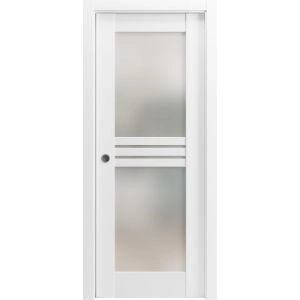 Sliding Pocket Door 42 x 84 inches with Opaque Glass 4 Lites / Mela 7222 White Silk / Kit Rail Hardware / MDF Interior Bedroom Modern Doors