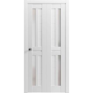 Sliding Closet Bi-fold Doors | Veregio 7288 White Silk with Frosted Glass | Sturdy Tracks Moldings Trims Hardware Set | Wood Solid Bedroom Wardrobe Doors 