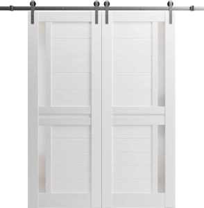 Sturdy Double Barn Door with Frosted Glass | Veregio 7288 White Silk | 13FT Rail Hangers Heavy Set | Solid Panel Interior Doors-36" x 96" (2* 18x96)