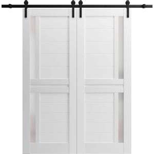 Sturdy Double Barn Door | Veregio 7288 White Silk with Frosted Glass | 13FT Rail Hangers Heavy Set | Solid Panel Interior Doors