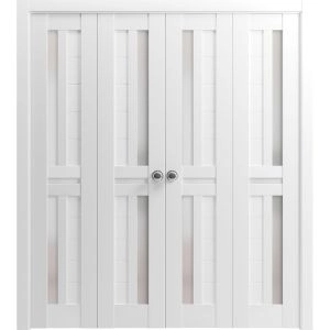 Sliding Closet Double Bi-fold Doors | Veregio 7288 White Silk with Frosted Glass | Sturdy Tracks Moldings Trims Hardware Set | Wood Solid Bedroom Wardrobe Doors 