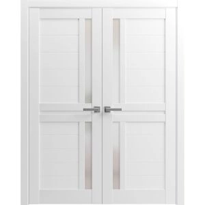 Interior Solid French Double Doors | Veregio 7288 White Silk with Frosted Glass | Wood Solid Panel Frame Trims | Closet Bedroom Sturdy Doors 