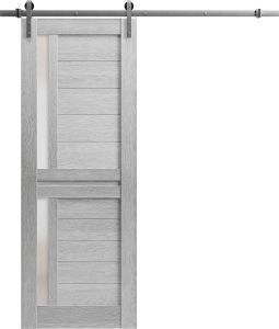 Sturdy Barn Door Frosted Glass | Veregio 7288 Light Grey Oak | 6.6FT Rail Hangers Heavy Hardware Set | Solid Panel Interior Doors-36" x 84"