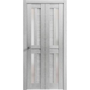 Sliding Closet Bi-fold Doors | Veregio 7288 Light Grey Oak with Frosted Glass | Sturdy Tracks Moldings Trims Hardware Set | Wood Solid Bedroom Wardrobe Doors 