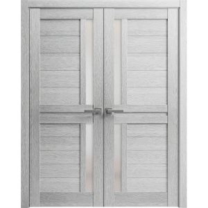 Interior Solid French Double Doors | Veregio 7288 Light Grey Oak with Frosted Glass | Wood Solid Panel Frame Trims | Closet Bedroom Sturdy Doors 