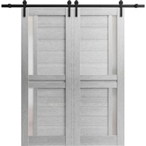 Sturdy Double Barn Door with Frosted Glass | Veregio 7288 Light Grey Oak | 13FT Rail Hangers Heavy Set | Solid Panel Interior Doors-64" x 80" (2* 32x80)
