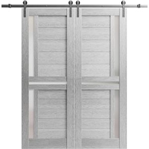 Sturdy Double Barn Door with Frosted Glass | Veregio 7288 Light Grey Oak | 13FT Rail Hangers Heavy Set | Solid Panel Interior Doors-56" x 84" (2* 28x84)