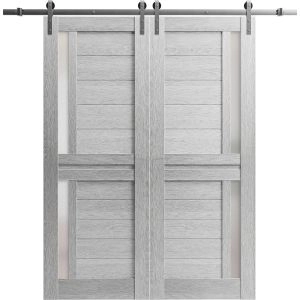 Sturdy Double Barn Door with Frosted Glass | Veregio 7288 Light Grey Oak | Silver 13FT Rail Hangers Heavy Set | Solid Panel Interior Doors-64" x 84" (2* 32x84)