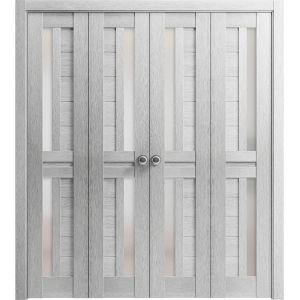 Sliding Closet Double Bi-fold Doors | Veregio 7288 Light Grey Oak with Frosted Glass | Sturdy Tracks Moldings Trims Hardware Set | Wood Solid Bedroom Wardrobe Doors 