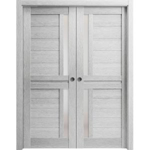 Sliding French Double Pocket Doors | Veregio 7288 Light Grey Oak with Frosted Glass | Kit Trims Rail Hardware | Solid Wood Interior Bedroom Sturdy Doors