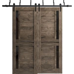 Sliding Closet Barn Bypass Doors | Veregio 7588 Cognac Oak with Black Glass | Sturdy 6.6ft Rails Hardware Set | Wood Solid Bedroom Wardrobe Doors 