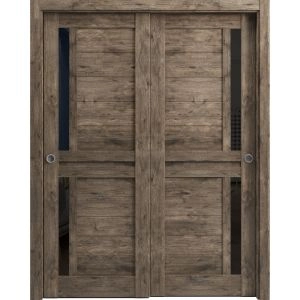 Sliding Closet Bypass Doors | Veregio 7588 Cognac Oak with Black Glass | Sturdy Rails Moldings Trims Hardware Set | Wood Solid Bedroom Wardrobe Doors 