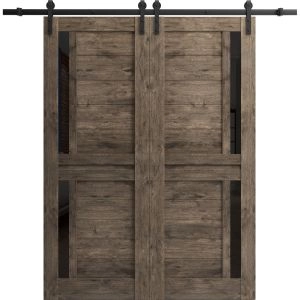 Sturdy Double Barn Door with Frosted Glass | Veregio 7588 Cognac Oak | 13FT Rail Hangers Heavy Set | Solid Panel Interior Doors-36" x 96" (2* 18x96)