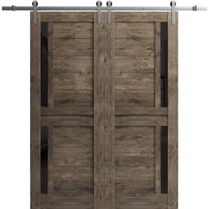 Sturdy Double Barn Door with Frosted Glass | Veregio 7588 Cognac Oak | 13FT Rail Hangers Heavy Set | Solid Panel Interior Doors-56" x 84" (2* 28x84)