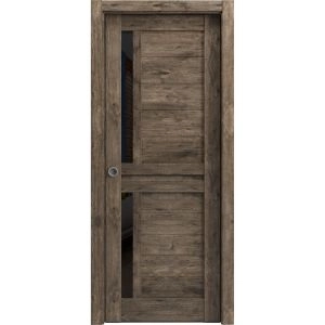 Sliding French Pocket Door | Veregio 7588 Cognac Oak with Black Glass | Kit Trims Rail Hardware | Solid Wood Interior Bedroom Sturdy Doors