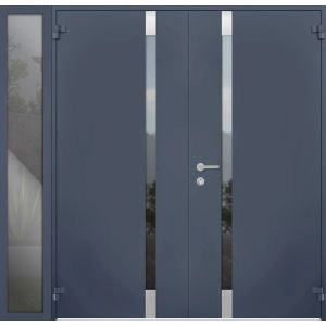 Front Exterior Prehung Steel Double Doors / Cynex 6777 Grey / Sidelight Exterior Window / Stainless Inserts Single Modern Painted-W72+16" x H80"-Left-hand Outswing