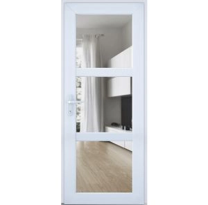 Front Exterior Prehung FiberGlass Door Clear Glass See-through / Manux 8555 White Silk Clear Glass / Office Commercial and Residential Doors Entrance Patio Garage-W30" x H80"-Right-hand Inswing