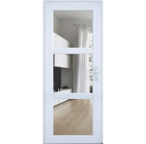 Front Exterior Prehung FiberGlass Door Clear Glass See-through / Manux 8555 White Silk Clear Glass / Office Commercial and Residential Doors Entrance Patio Garage-W30" x H80"-Left-hand Inswing