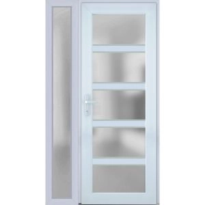 Front Exterior Prehung FiberGlass Door Frosted Glass / Manux 8002 White Silk / Sidelight Exterior Window /  Office Commercial and Residential Doors Entrance Patio Garage-W30+12" x H80"-Right-hand Inswing