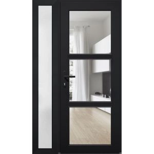 Front Exterior Prehung FiberGlass Door Clear Glass See-through / Manux 8555 Matte Black Clear Glass / Sidelight Exterior Window /  Office Commercial and Residential Doors Entrance Patio Garage-W30+12" x H80"-Right-hand Inswing