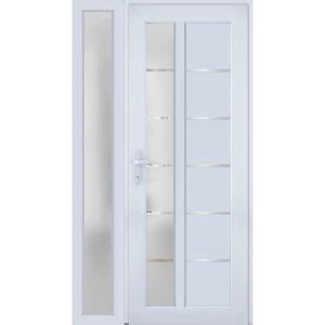Front Exterior Prehung FiberGlass Door Frosted Glass / Manux 8088 White Silk / Sidelight Exterior Window /  Office Commercial and Residential Doors Entrance Patio Garage-W30+12" x H80"-Right-hand Inswing