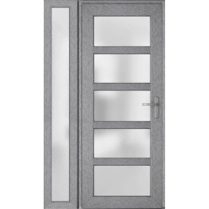 Front Exterior Prehung FiberGlass Door Frosted Glass / Manux 8002 Grey Ash / Sidelight Exterior Window / Office Commercial and Residential Doors Entrance Patio Garage-W36+16" x H80"-Left-hand Inswing