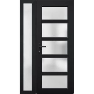 Front Exterior Prehung FiberGlass Door Frosted Glass / Manux 8002 Matte Black / Sidelight Exterior Window /  Office Commercial and Residential Doors Entrance Patio Garage-W30+12" x H80"-Right-hand Inswing