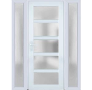 Front Exterior Prehung FiberGlass Door Frosted Glass / Manux 8002 White Silk / 2 Sidelight Exterior Windows / Office Commercial and Residential Doors Entrance Patio Garage-W12+30+12" x H80"-Right-hand Inswing