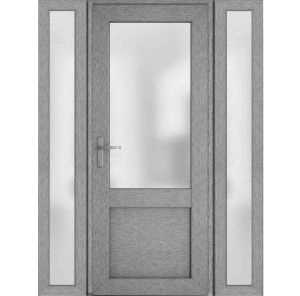 Front Exterior Prehung FiberGlass Door Frosted Glass / Manux 8422 Grey Ash / 2 Sidelight Exterior Windows / Office Commercial and Residential Doors Entrance Patio Garage-W12+36+12" x H80"-Right-hand Inswing