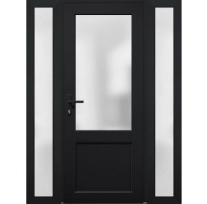 Front Exterior Prehung FiberGlass Door Frosted Glass / Manux 8422 Matte Black / 2 Sidelight Exterior Windows / Office Commercial and Residential Doors Entrance Patio Garage-W12+36+12" x H80"-Right-hand Inswing