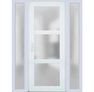 Front Exterior Prehung FiberGlass Door Frosted Glass / Manux 8552 White Silk / 2 Sidelight Exterior Windows / Office Commercial and Residential Doors Entrance Patio Garage-W12+30+12" x H80"-Right-hand Inswing