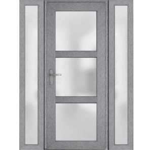 Front Exterior Prehung FiberGlass Door Frosted Glass / Manux 8552 Grey Ash / 2 Sidelight Exterior Windows / Office Commercial and Residential Doors Entrance Patio Garage-W12+36+12" x H80"-Right-hand Inswing
