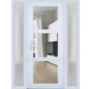 Front Exterior Prehung FiberGlass Door Clear Glass See-through / Manux 8555 White Silk Clear Glass / 2 Sidelight Exterior Windows / Office Commercial and Residential Doors Entrance Patio Garage-W12+36+12" x H80"-Right-hand Inswing